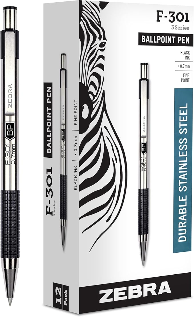 Zebra Pen F-301 Ballpoint Black Ink Fine Point 0.7mm Pen, Easy-Glide Ink, Stainless Steel Retractable, Non-Slip Grip, Professional Design, Ideal for Office, Journal and Planner Use, 12-Pack (27110)