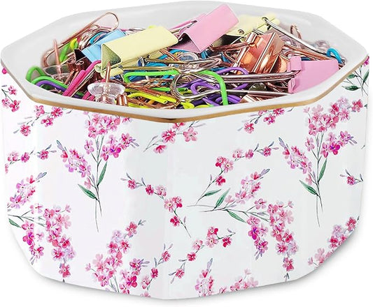 Ceramic Paper Clip Holders Paperclips Holder Dispenser Cute Clips Organizer for Desk Binder Clip Bowl Bobby Pin Hair Clip Holder Gift for Office (Pink Blossom)