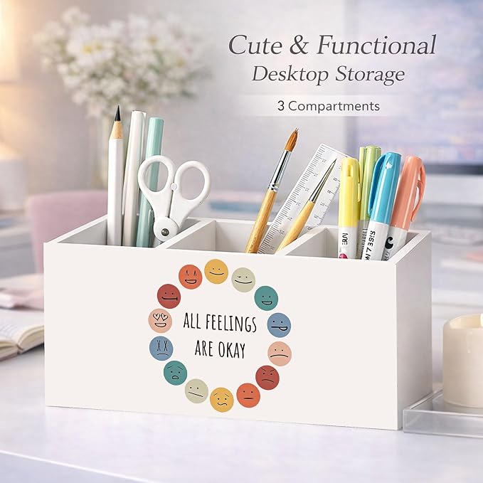 Emotions Desk Organizer, Wooden Pen Holder with Colorful Faces Design, Cute Pencil Storage, Office and School Desk Supplies