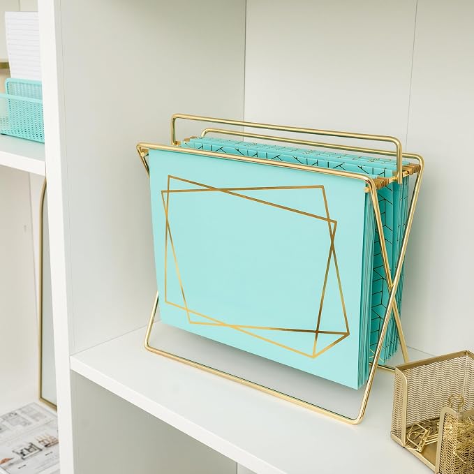 BLU MONACO | Decorative Hanging File Folders Letter Size 12 Pack | Aqua Plastic Hanging File Folders with Gold Foil | Hanging Legal File Folders with Tabs and Dividers