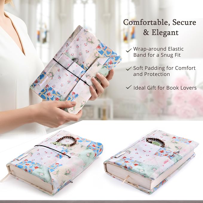 Aplufine Adjustable Fabric Book Cover with Elastic Band, Washable Reusable Book Sleeve for Hardcover Books, Textbooks, Novels & Journals, Book Protector with Pocket & Bookmark,Book Gift