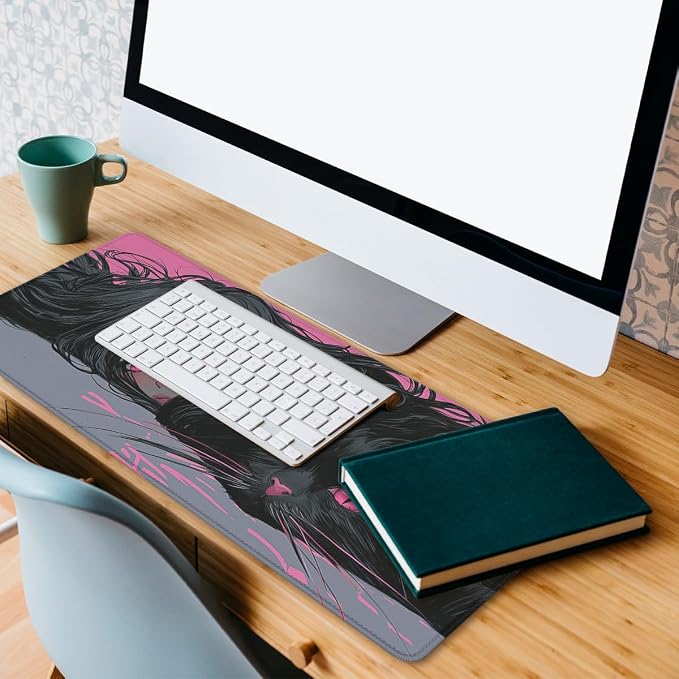 Anime Girl Desk Mat Gaming Mouse Pad Dark Hair Girl Black Cat XL Mousepad Large Mousepad Extended Laptop Keyboard Mat Gaming Desk Pad Mouse Mat Office Computer Keyboard 31.5"x11.8"
