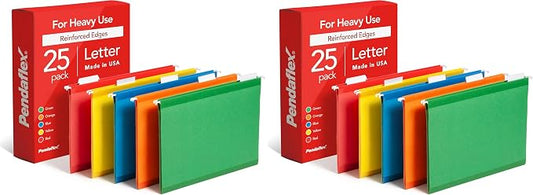 Pendaflex Hanging File Folders, Letter Size (8.5" x 11"), Assorted Colors: Green, Blue, Red, Yellow, Orange, 5 Tab Positions, Reinforced, Includes Tabs and Inserts, Durable, 25 Count (Pack of 2)