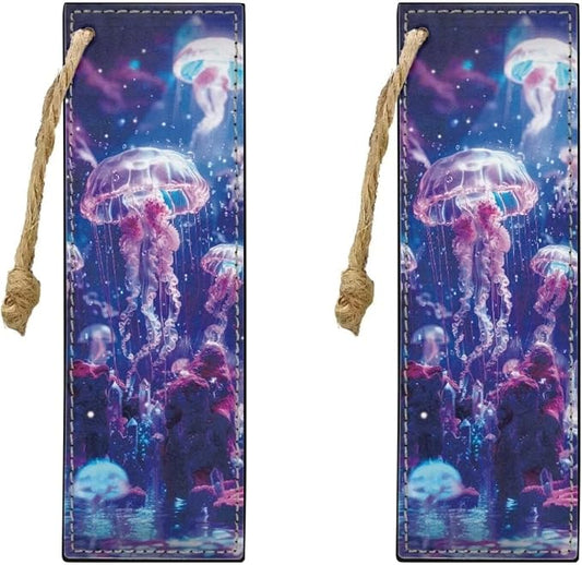 Colorful Jellyfish Bookmark 2 PCS Leather Bookmarks for Women, Men, Book Lovers, Page Markers for Students Teachers Reading Personalized Bookmark
