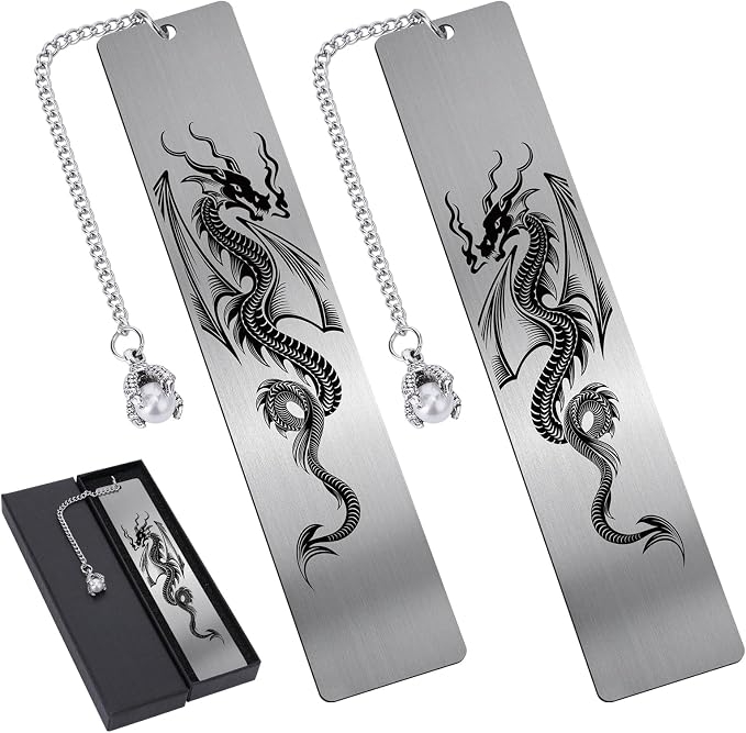 Dragon Metal Bookmark Gift - 2 PCs Cool Bookmarks for Reading Men Boys Fantasy Novel Dragon Lovers Readers Book Marks Pendant Bookish Students School Supplies Book Club Christmas Birthday