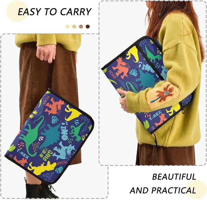 Colorful Dinosaur Grunge Purple File Folders,Plastic Folders with 13 Pockets,Expandable File Folder for Documents School Students Office,Aesthetic Folder with Labels A4 Letter Size