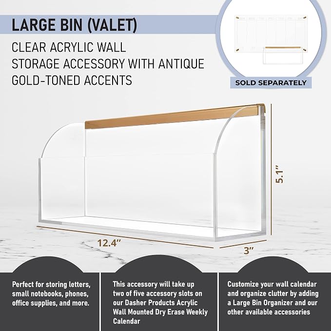 Acrylic Storage Bin for Clear Wall Calendar, 12.4" x 3" x 5.1" Organizer with Gold-Tone Hardware for Pens, Pencils, Office Supplies, and Art Supplies. Perfect Accessory for Home & Office (Storage Bin)