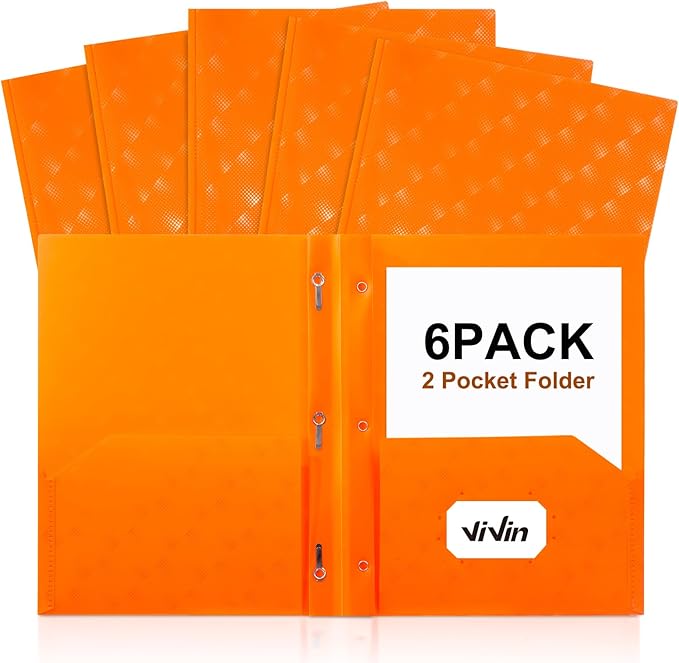 ViVin Plastic Folders with Pockets and Prongs,6 Pack,Heavy Duty 2-Pocket File Folder with 3 Fasteners,Fits Letter Size Paper,for School Home and Office(Bright Orange)