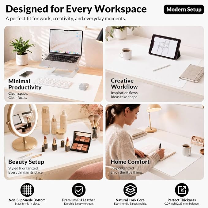 AFIING Cork Desk Mat 35.4" x 17", Dual-Sided Natural Cork & PU Leather Desk Pad, Non-Slip Waterproof Large Mouse Pad for Office, Home & Gaming, White