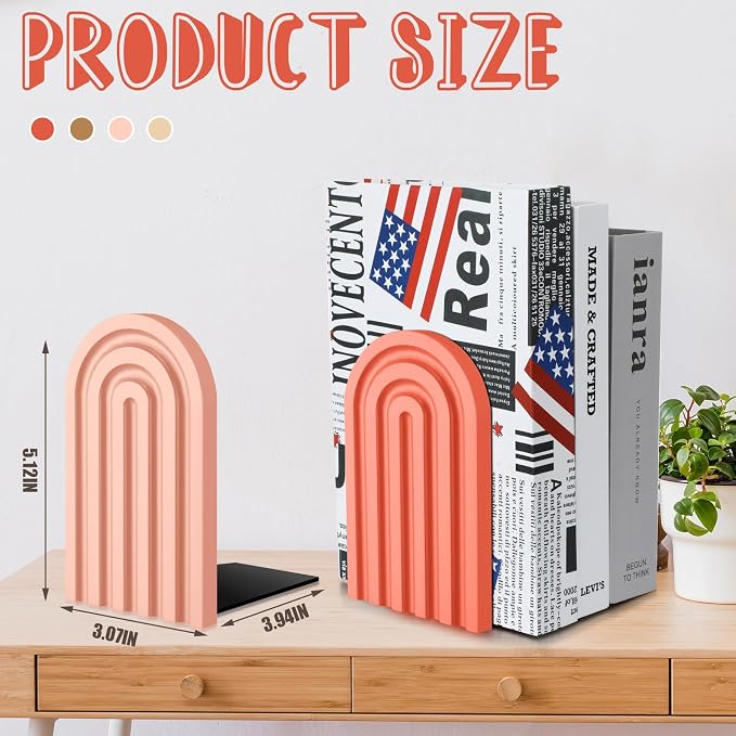Harloon 4 Pcs Boho Arch Wooden Bookends, Decorative Rainbow Book Stoppers with Non-Slip Metal Base, 5x3x4 Inches, Cute Shelf Decor for Heavy Books, Home Office Study Desk Organizer(Cute Color)