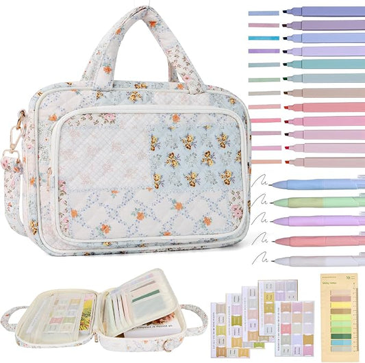 Bible Cover Case for Women Bible Study Supplies Christian Gifts for Women Church Camp Essentials Christian Bible Journaling Kit Quilted Large Bible Cover with Durable Handle (Spliced Flower, Large)
