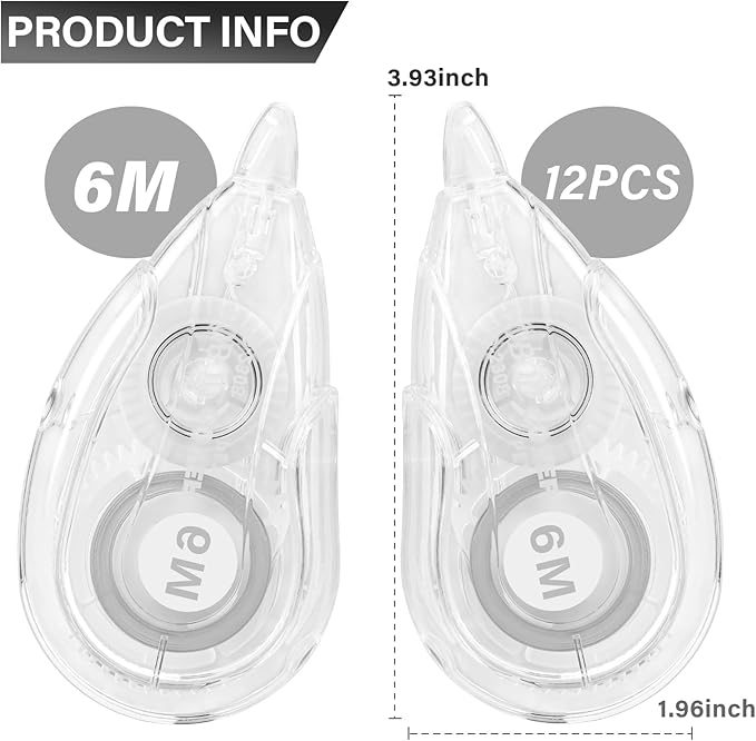 Vobou White Correction Tape Dispenser, Easy To Use Applicator for Instant Corrections, For school, Office (12pack, 6M/256, Tape Width 0.2in)