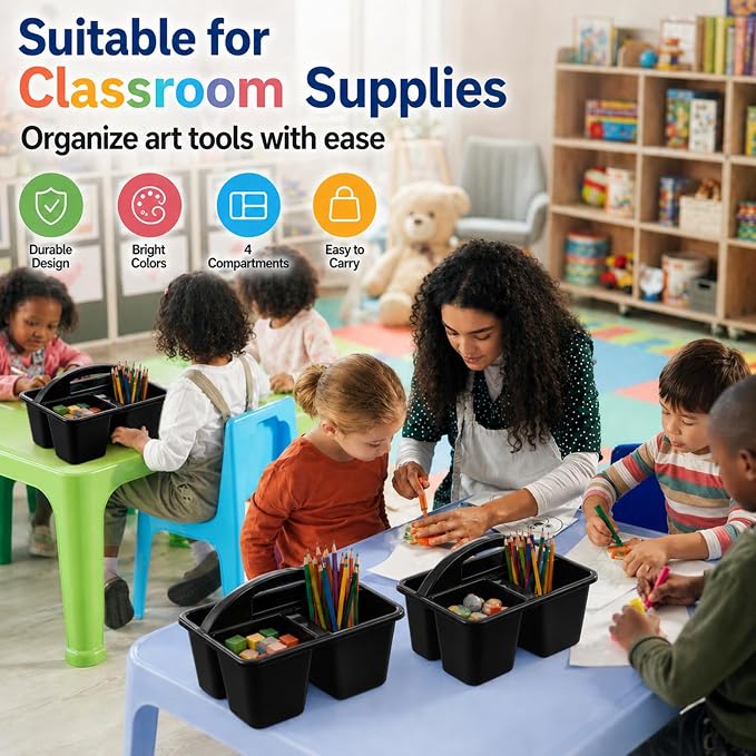 gisgfim 6 Pack Plastic Classroom Caddy with 4-Compartments Plastic Storage Caddies with Handle 4 Compartments Table Caddy Organizer Versatile Table Caddies for Classroom Office, Black
