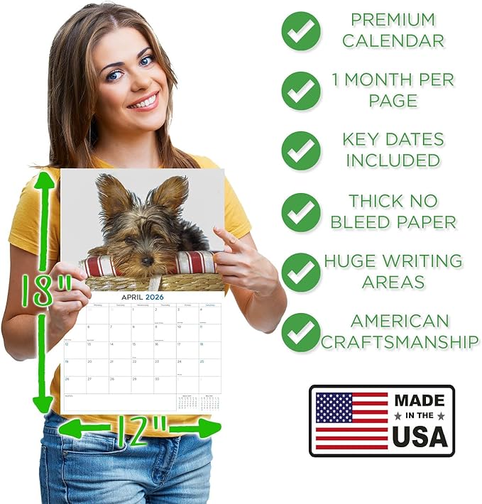 2025 2026 Yorkshire Terrier Puppies Calendar - Dog Breed Monthly Wall Calendar - 12" x 18" Open - Thick No-Bleed Paper - Giftable - Academic Teacher's Planner Calendar Organizing & Planning - Made USA