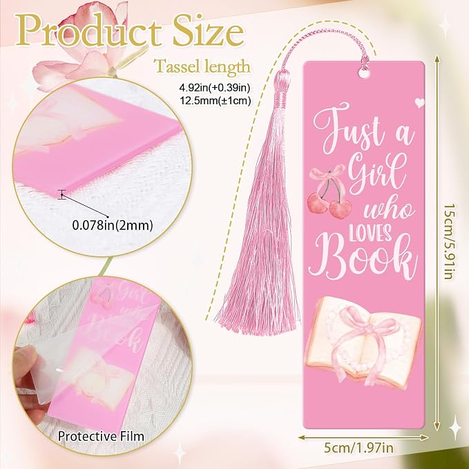 Coquete Acrylic Bookmarks Gifts - 6 Pcs Bow Cherry Bookmarks with Tassels Girly Book Marks Page Marker Clip Gift for Women Girls Book Lover Teacher Student Bookish Bookworms Reading