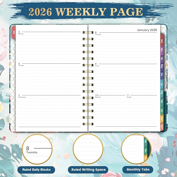 2026 Planner - January 2026 - December 2026, Weekly Monthly Planner 2026 with Colorful Tabs, 6.3" x 8.4", Floral, Twin-Wire Binding