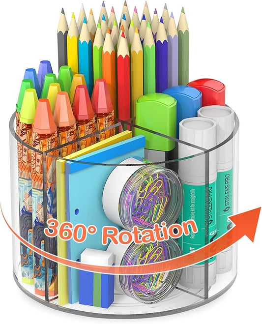 Mefirt Acrylic Pen Holder, 360 Degree Marker Organizer for Desk, Rotating Desk Storage With 4 Compartments, Art Supply Crayon Holder for Office School Home, Clear