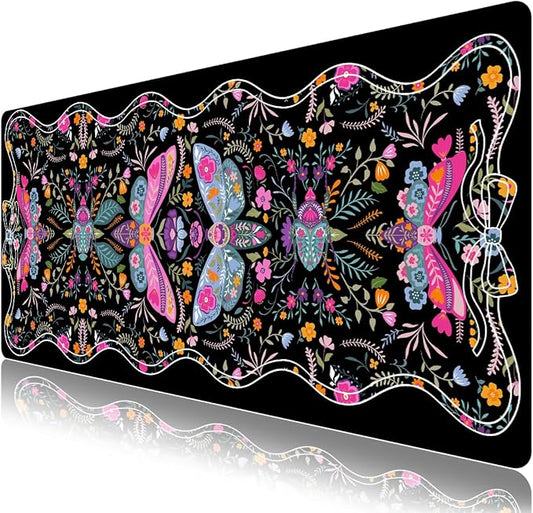 Desk Mat for Keyboard and Mouse, Large Non-Slip Mouse Pad Keyboard Pad, Computer Mats for Desktop, Cute Desk Pad with Stitched Edges for Office, Gaming I Black Colorful Folk Art