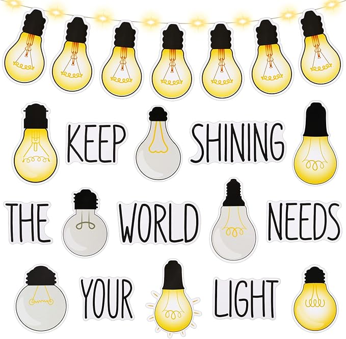 Karenhi 108 Pcs Classroom Light Bulb Bulletin Board Decoration Cutouts Set with Glue Point - Back to Schol Supplies Keep Shining Motivational Banner First Day of Shool Decor (Classic)