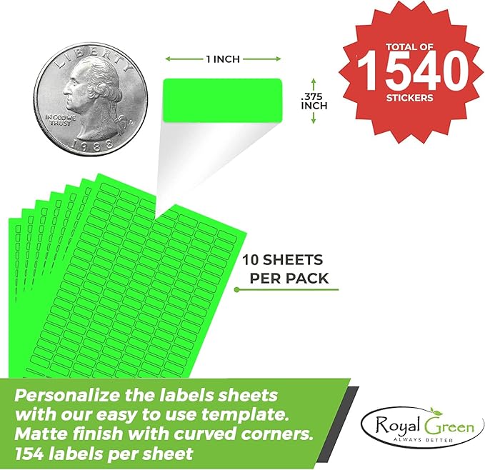 Neon Green Sticker Label Sheets Bulk Printable Paper Labels 1 inch x 0.375 inch - 1540 Pack, 10 Sticker Sheets for Laser/Inkjet Printers with Template Included by Royal Green