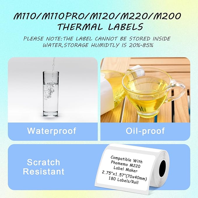 M220 Thermal Labels Compatible with NIIMBOT B3S/K3 Label Printer,Compatible with Phomemo M221/M220/M200/M250 Label Printer,2.75"x1.57"(70x40mm), 180 Labels/Roll 4 Rolls, Black on White