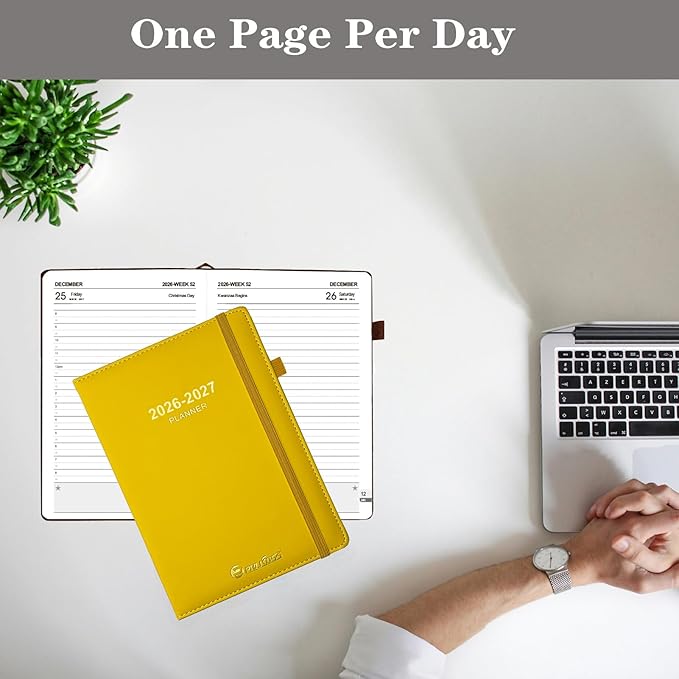 Daily Planner 2026-2027, Academic Calendar(July 2026 - June 2027) - One Page Per Day, Daily Monthly Agenda, 5.7" x 8.3" Appointment Book with Hourly Schedule and Monthly Tabs (Yellow)