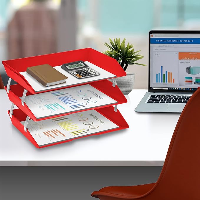 Acrimet Facility 3 Tier Letter Tray, Side Load, Letter Size/A4, Desktop File Organizer, Plastic (Solid Red Color)