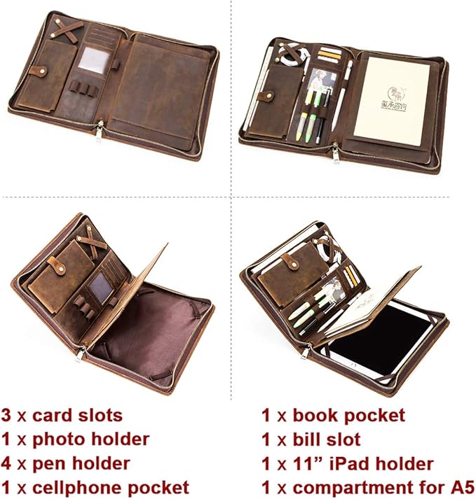 Leather Case for ipad Pro 11" Genuine Leather Smart Folio with Pencil Holder Zipper Pocket Multifunctional iPad case Compatible with iPad 11 /iPad 10.5/10.2 inch ipad/iPad 9.7
