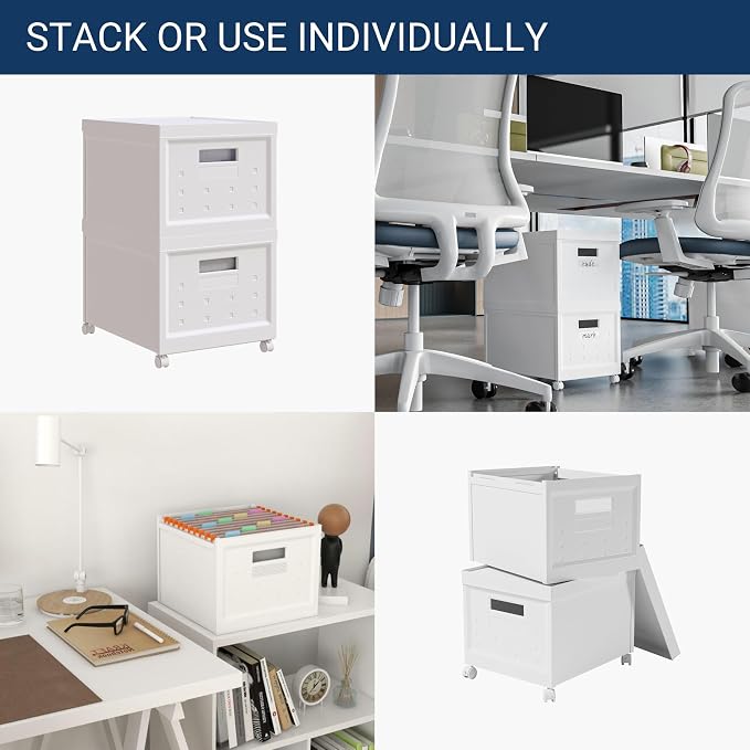 Collapsible Stackable Rolling File Boxes with Lids and 10 Hanging Files, Portable Plastic Storage Organizer with wheels for Home or Office, 2-Pack