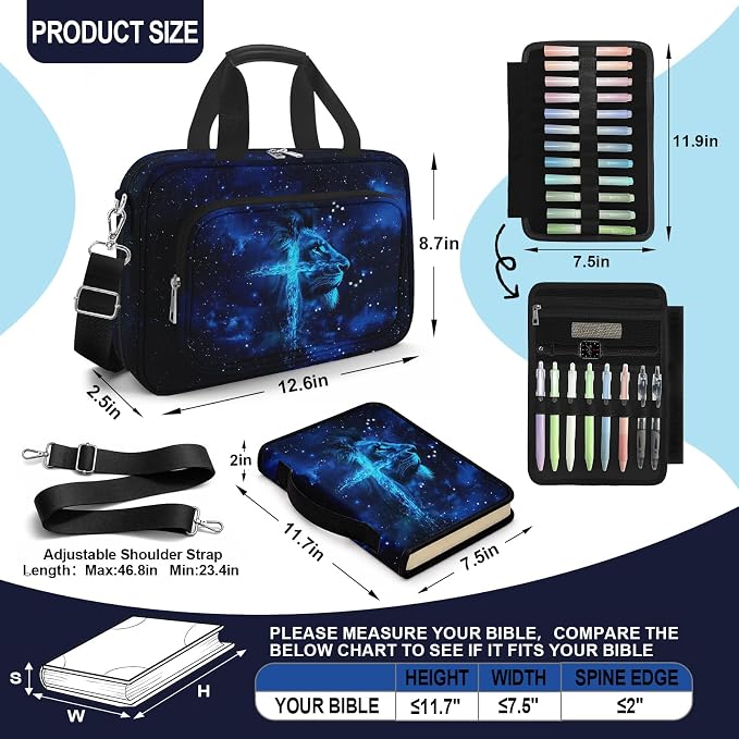Lion Cross Large Bible Cover Case for Men Boys, Bible Bag for Men Organizer with Strap & Handle Zipper Pocket, Bible Study Supplies Journaling Kit with Pens Highlighters Tabs Christian Gift