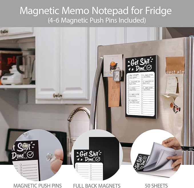 Magnetic Weekly Planner Notepad for Refrigerator, Tear-Off Sheets To Do List Notebook, 4-6 Clear Magnetic Push Pins Included, Organizer for Meals, Chores, Goals