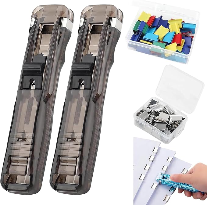 Reusable Desktop Stapler with Clip Dispenser, Refillable Office Stapler Set with 100pcs Reusable Refill Clips, Portable Desktop Push Staplers Binder Clips Paper Clamps (2PCS Black)