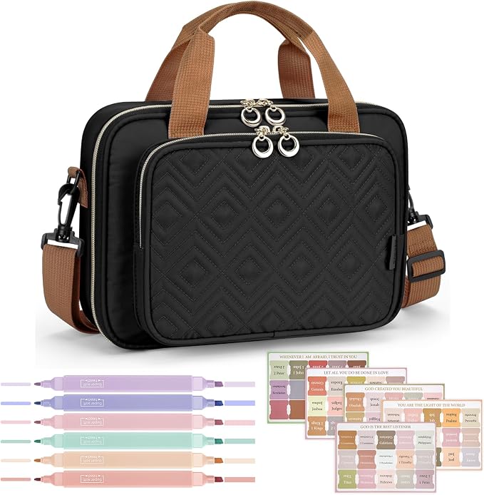 Heouvo Bible Cover Case for Women, Large Bible Bag Carrying Case with Shoulder Strap, Bible Study Supplies Bible Journaling Kit Book Carrying Case with Bible Highlighters Tabs Gift for Lady (Black)