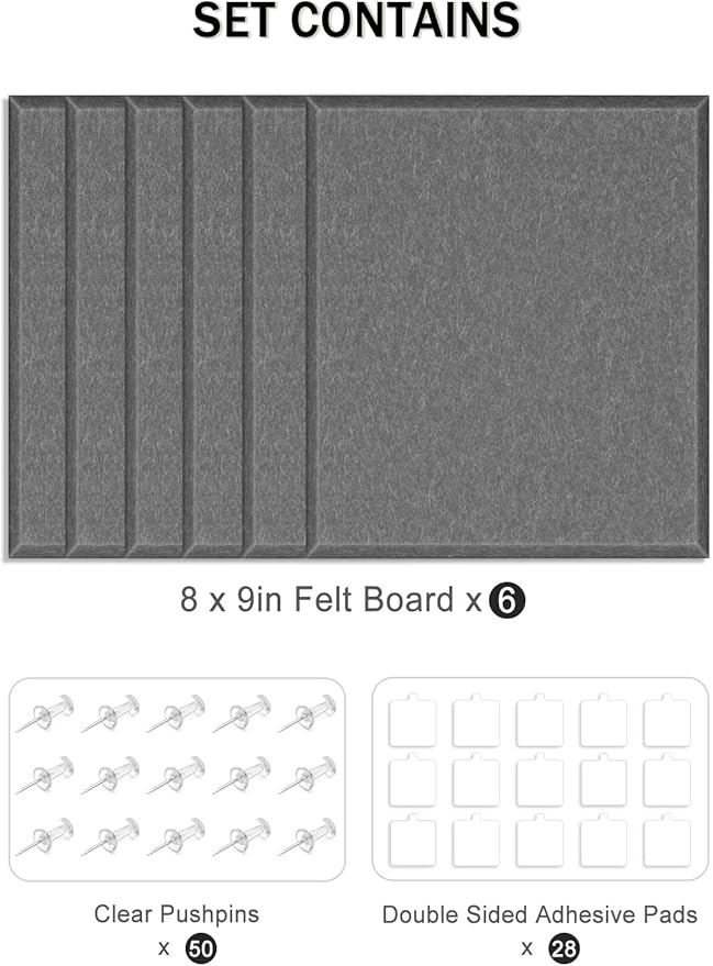 Hsurbtra Cork Board for Wall 24 x 18 Inch, 6 Pack Felt Bulletin Notice Board with Pushpins for Office Home School Farmhouse Wall Decor, Dark Gray