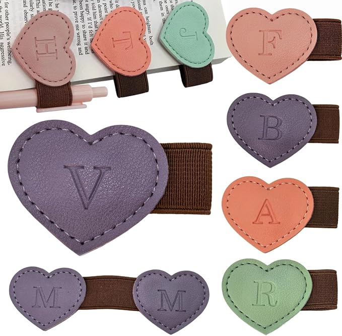 Personalized Magnetic Leather Heart Bookmark with Pen Holder - 26 Letters Custom Book Mark Notebook Pencil Loop with Initial Book Marker for Readers, Book Lovers- Gifts for Women Men(Purple,V)