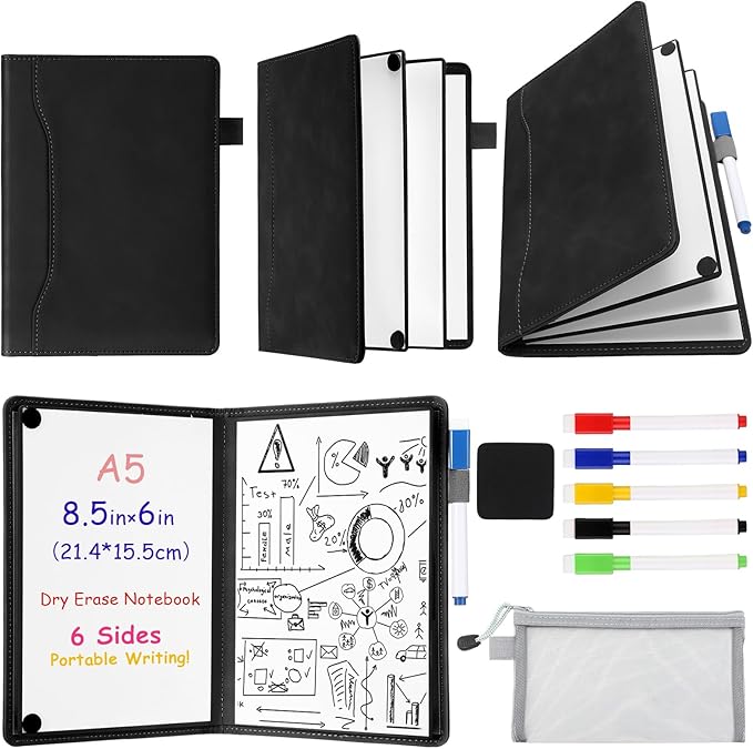Feifeiya 6 Sides Dry Erase Whiteboard Notebook Portable Notebook White Boards 6"x9"(a5) Small Folding Whiteboard Anti-ghosting Surface, Travel Dry Erase Mini White Board for Office, School, Study