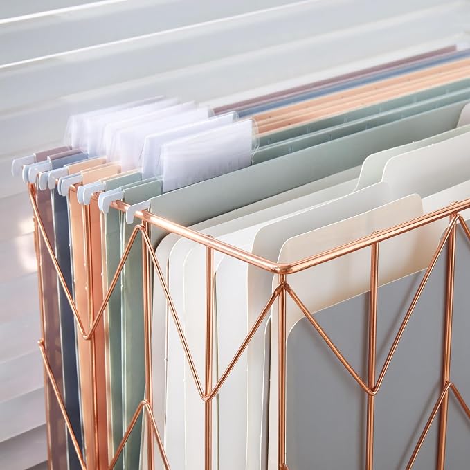 Y YOMA Hanging File Organizer, Letter Size Rose Gold Metal Desk File Crate Storage Basket for Home Office, 1 Pack, with Morandi Folder Combo