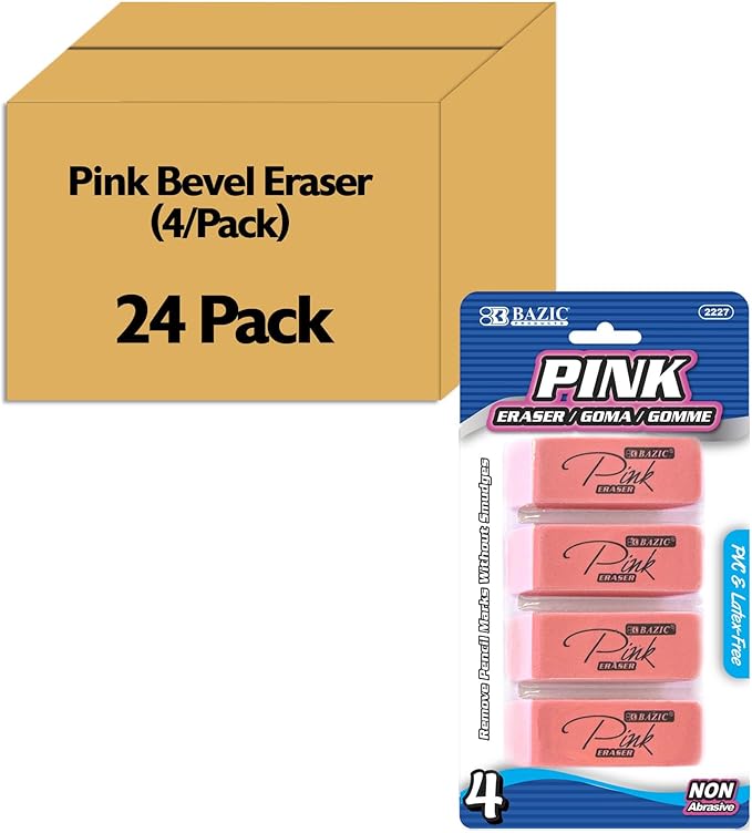 BAZIC Products Pink Eraser, Latex Free Bevel Block Erasers, Large Size for Classroom, Office, and Art Use, Smooth Pencil Correction for Writing, Sketching, & Daily Tasks, 4/Pack, 24-Pack