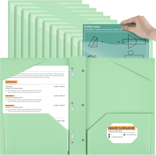 Henoyso 18 Pcs Plastic Folder with Clear Front Pocket and 3 Prong Plastic Folders with Card Slot Pocket Folders with Prongs for School Office (Light Green)