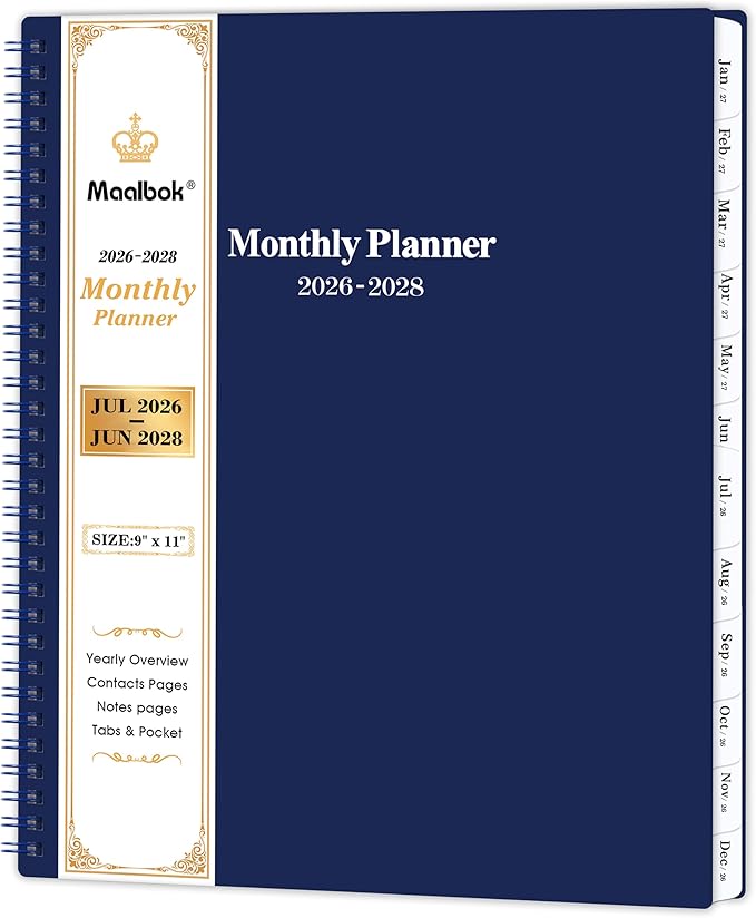 2026-2028 Monthly Planner - Monthly Calendar 2026-2028 with Two-Side Pocket, July 2026 - June 2028, 9" x 11", 2 Years Calendar Planner, Cardboard Cover