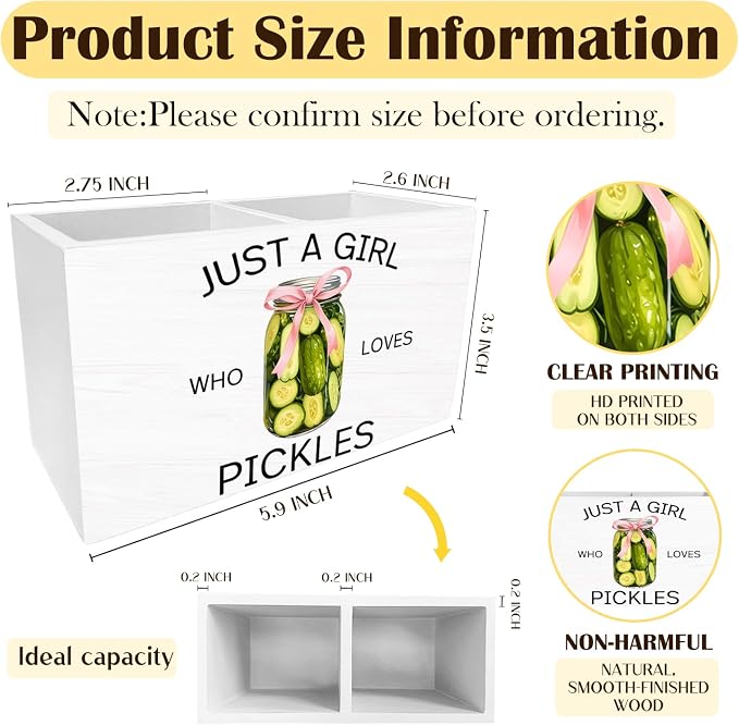 Coquette Pink Bow Pickle Pen Holder for Desk, Pickle Lovers Themed Gifts Pencil Organizer, Just a Girl Who Loves Pickles Wooden Box Sign Desk Decor for Home Office Decoration