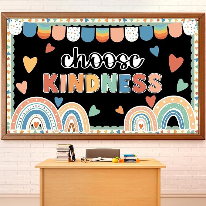 Choose Kindness Bulletin Board Rainbow Cutouts Boho Positive Classroom Decoration Choose Bohemia Bulletin Board for School Classroom Home Chalkboard Wall Door Décor Christmas Holiday Party Supplies