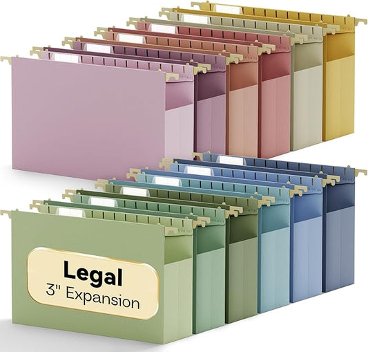 Plastic Hanging File Folders Legal Size,Heavy Duty 3" Expandable Legal Folders for Filing Cabinet,12 Pack Sturdy Extra Capacity Hang Folder with Tabs,Pastel Hanging File Organizer for File Box