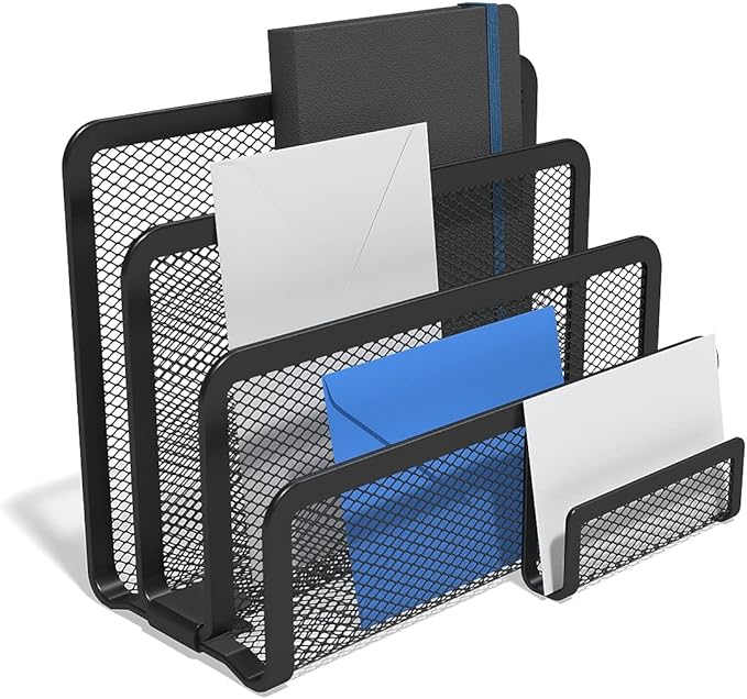 TRU RED Wire Mesh Letter Holder, 4‑Compartment, Matte Black, 3‑Pack – Vertical Desktop Organizer for Mail & Documents