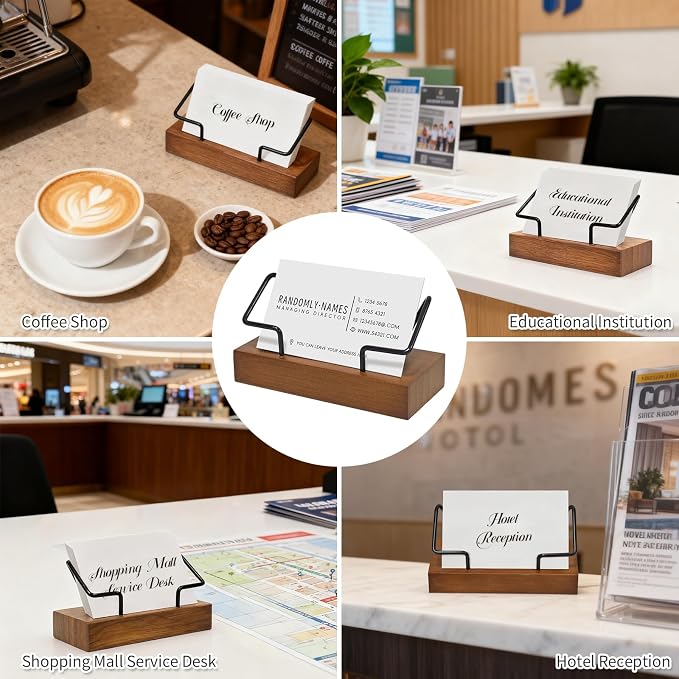 2 Pack Wood Business Card Holder for Desk, Wooden Business Name Card Display Stand Postcard Holder for Office Home Desktop,Desk Accessory Business Name Card Organizer(Walnut Color, Black)