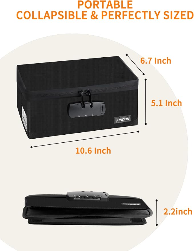 JUNDUN Fireproof Index Card Holder with Lock, Collapsible, Black, 4x6 Inch