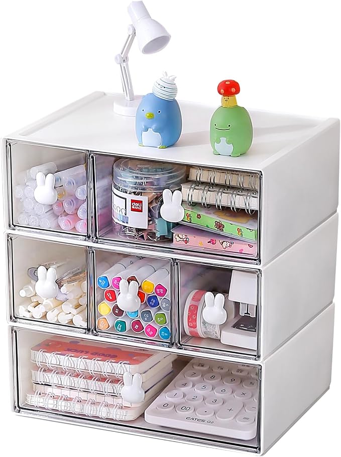 Plastic Desk Organizer with Drawers,Desktop Organizer Drawers Storage,3 Tier Drawer Organizer with 6 Drawers,Stackable Storage Drawers for Office （H 9.6in）, White