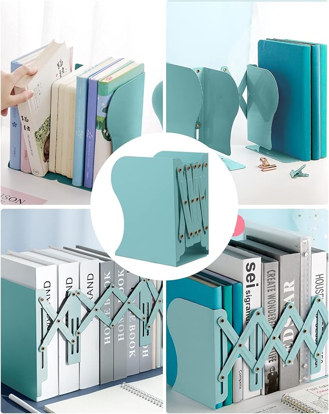 MSDADA Adjustable Bookends, Book Ends for Heavy Books, Expandable Book Organizer for Desk, Shelf, Office, School, for 6 7 8 9 10 11-15 Boys and Girls, Extends up to 19 inches (Light Green)