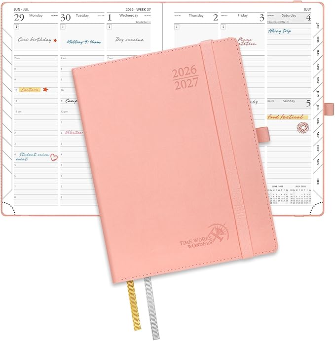 POPRUN Planner 2026-2027, 6.5" x 8.5", Academic Planner 2026-2027 Weekly and Monthly (July 26-June 27) Hourly Appointment Book with Inner Pockets, Leather Soft Cover, 100GSM - Pink