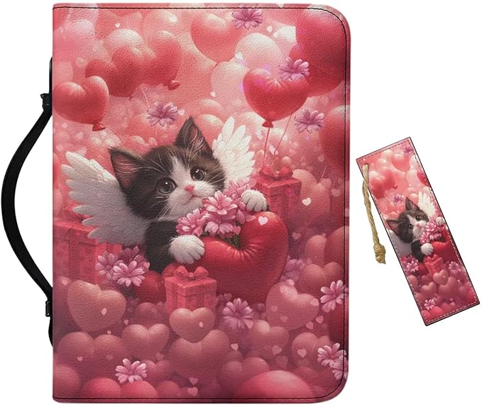Leather Bible Cover for Girls and Women, Book Case Church Bible Protective with Handle and Zippered Pocket,Balloon Heart Cat,Small